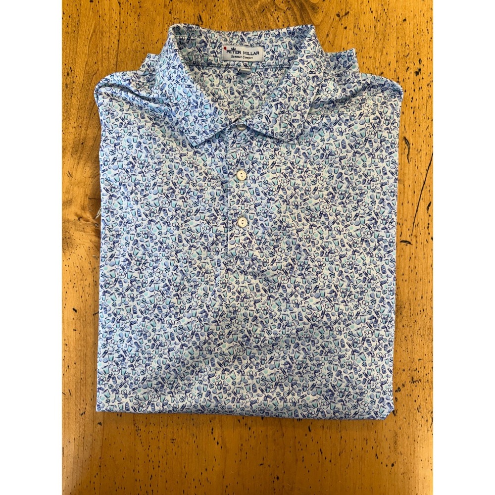 Peter Millar Summer Comfort Large Caddyshack All Over Print Blue Golf Polo Shirt